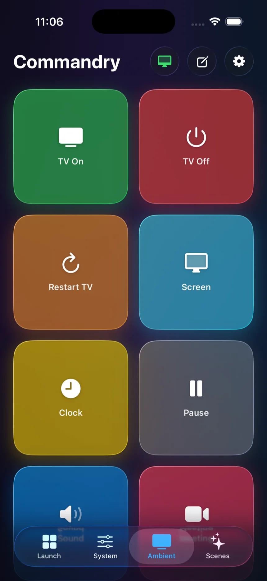 The Ambient deck in Commandry with TV, display, clock, pause, sound, and meeting controls.