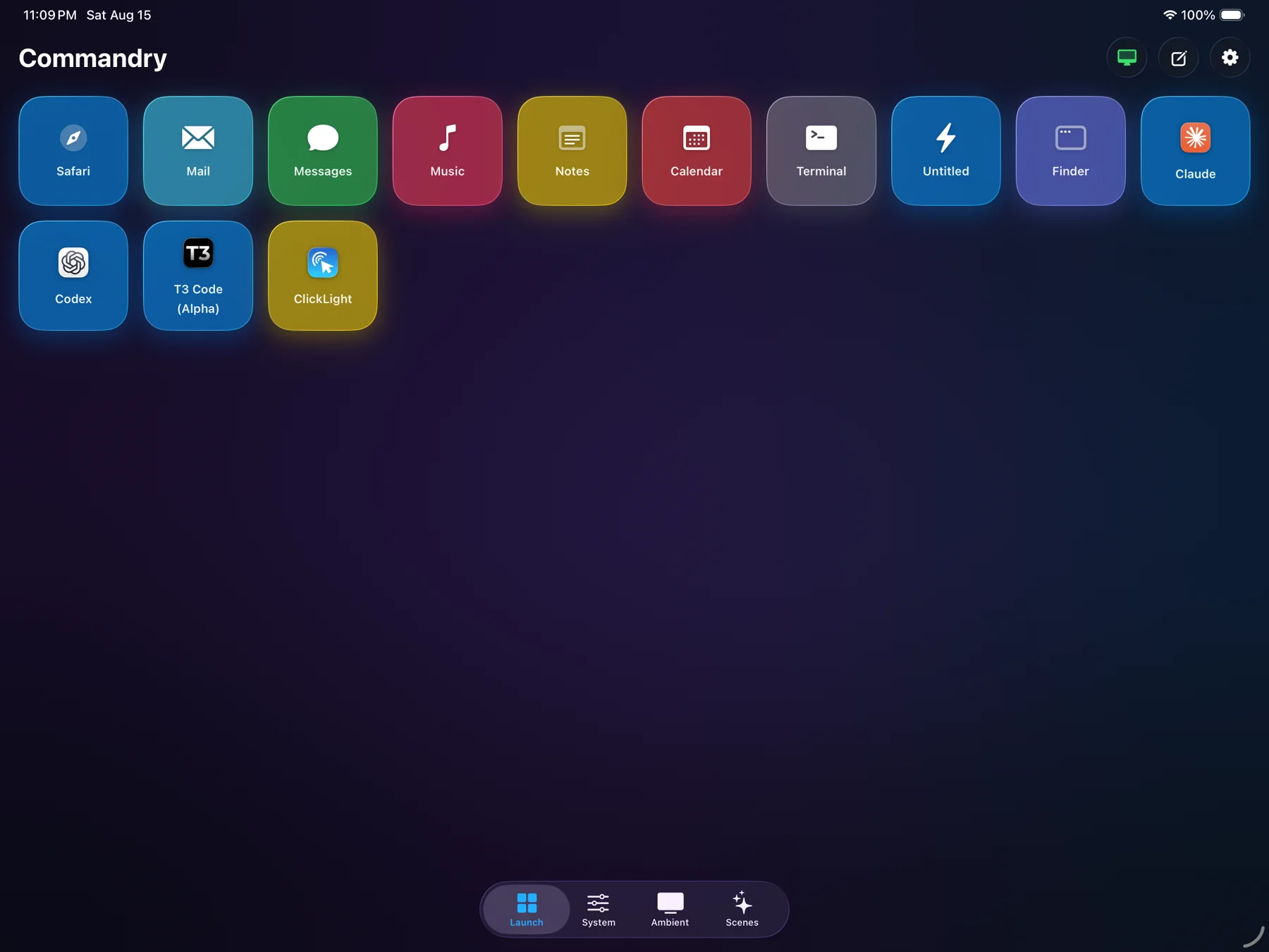 The real Commandry Launch deck on iPad with thirteen app, AI tool, and utility tiles.