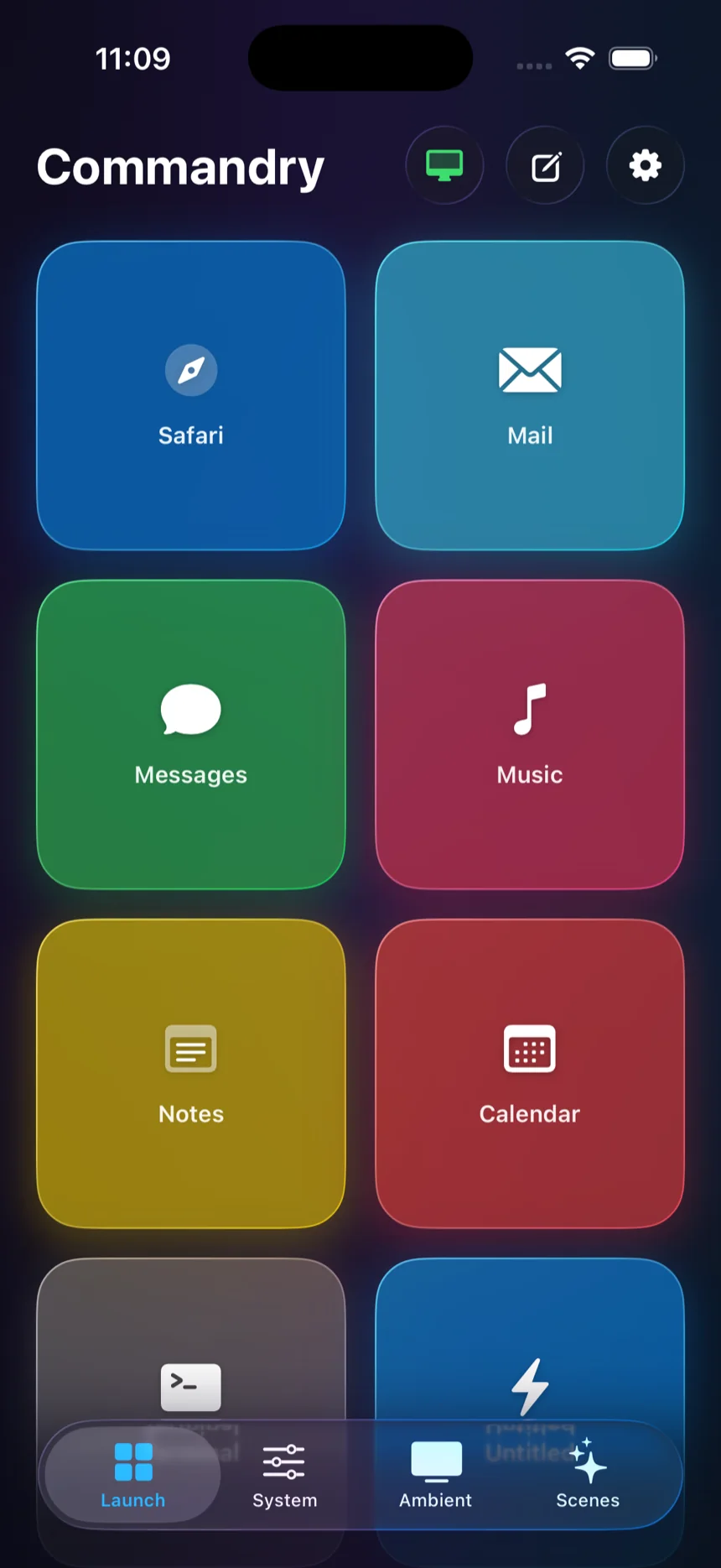 The real Commandry Launch deck with colorful app and utility tiles.