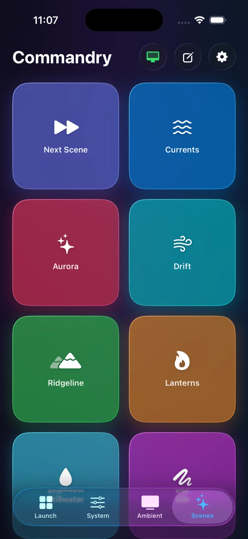 The Scenes deck in Commandry with Next Scene, Currents, Aurora, Drift, Ridgeline, Lanterns, Stillwater, and Silk tiles.